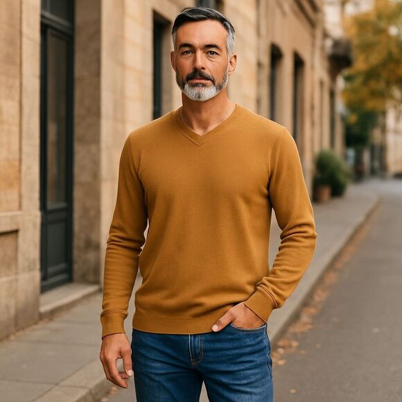 PAUL FREDRICK Sweater Men's Large Burned Orange 100% Cashmere V-neck‎ Pullover - Picture 1 of 8